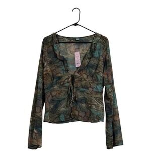 Wild Fable Warped Croc Mesh Tie Front Bell Sleeve Top Earthy Tones Size XL NWT